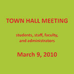 Town Hall meeting for 150 students, staff, faculty, and administrators at the School of the Museum of Fine Arts, Boston to discuss and weigh in on institutional changes (green cards = agreement with the speaker)